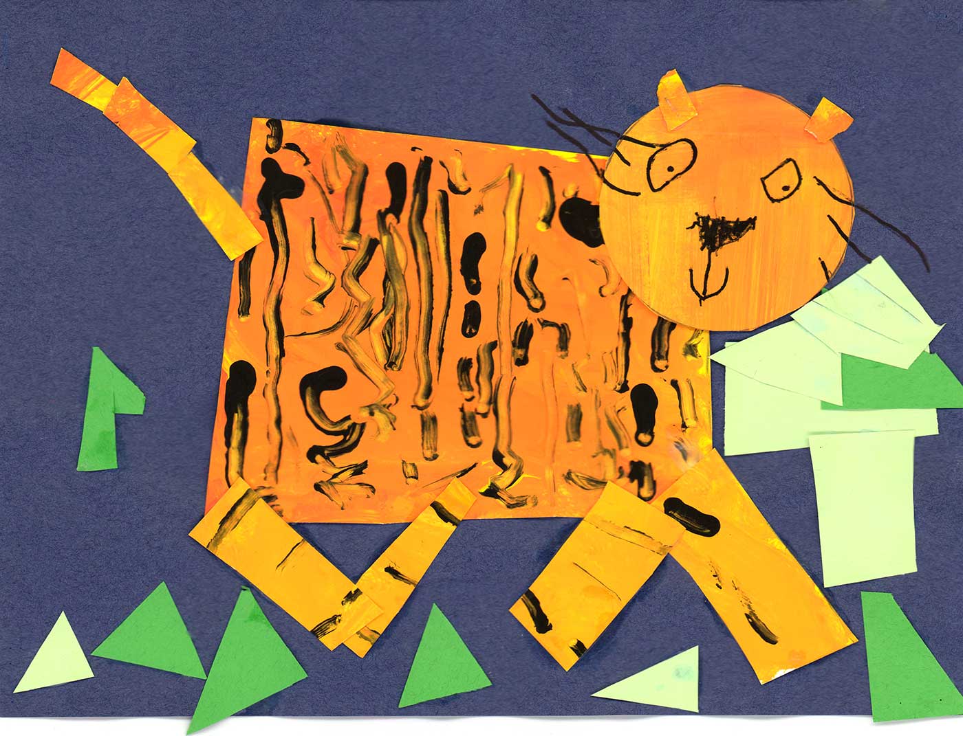 drawing of a tiger walking on top of geometrical shapes.