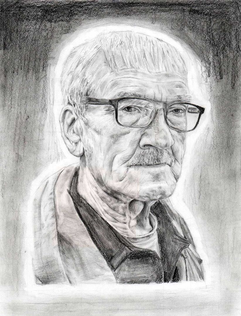 shaded drawing of an elder person wearing glasses looking directly at the viewer.