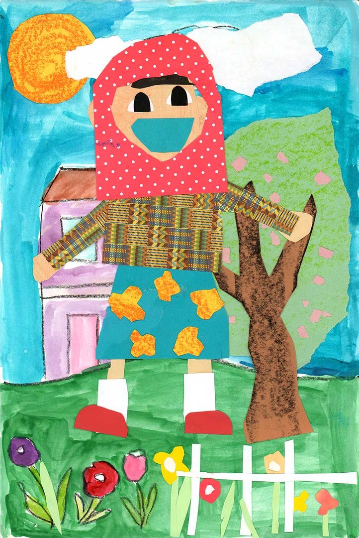 drawing of a girl enjoying the sun in a garden.