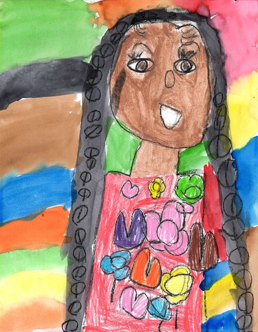 Colorful portrait of a smiling medium-dark skinned child with long black hair. The child is wearing a red top with a floral graphic and is in front of a multicolor backdrop.