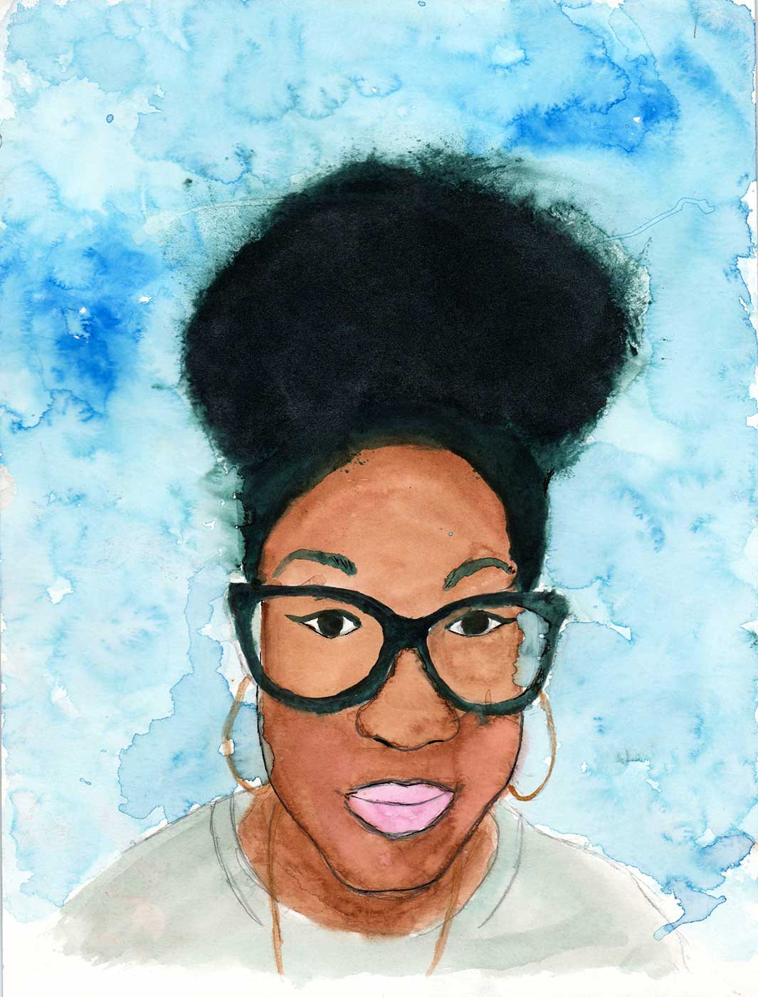 drawing of a black woman wearing glasses and her hair up.