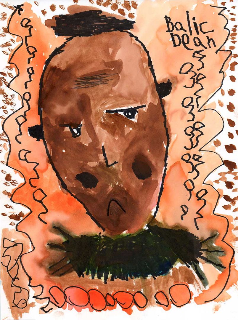 Watercolor portrait of a medium-dark skinned child with short black hair. The child is looking towards the side and his mouth is drawn downwards. The portrait is painted in brown, orange and black tones.