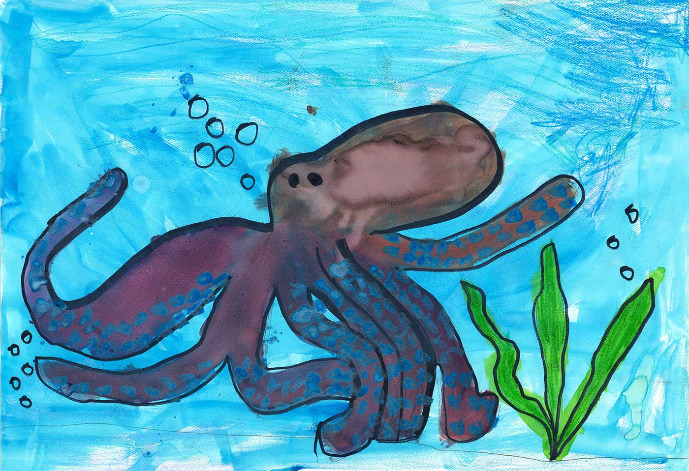 drawing of a brown octopus in the ocean.