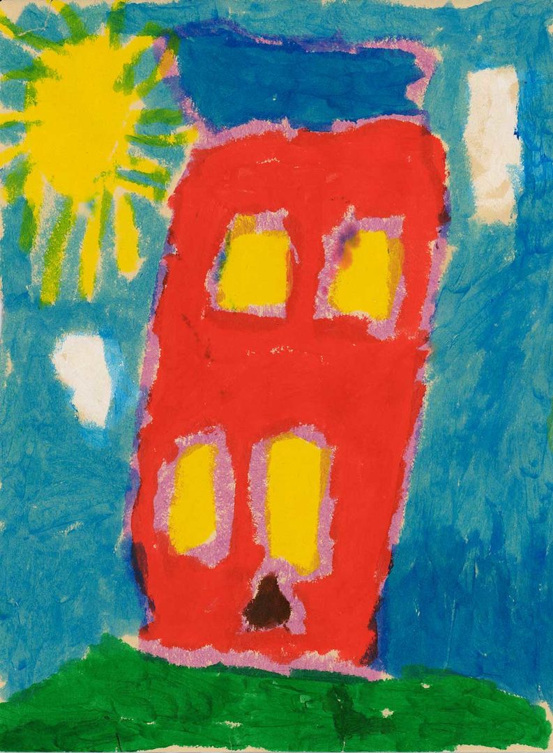drawing of a red house with yellow windows under a blue sunny sky.