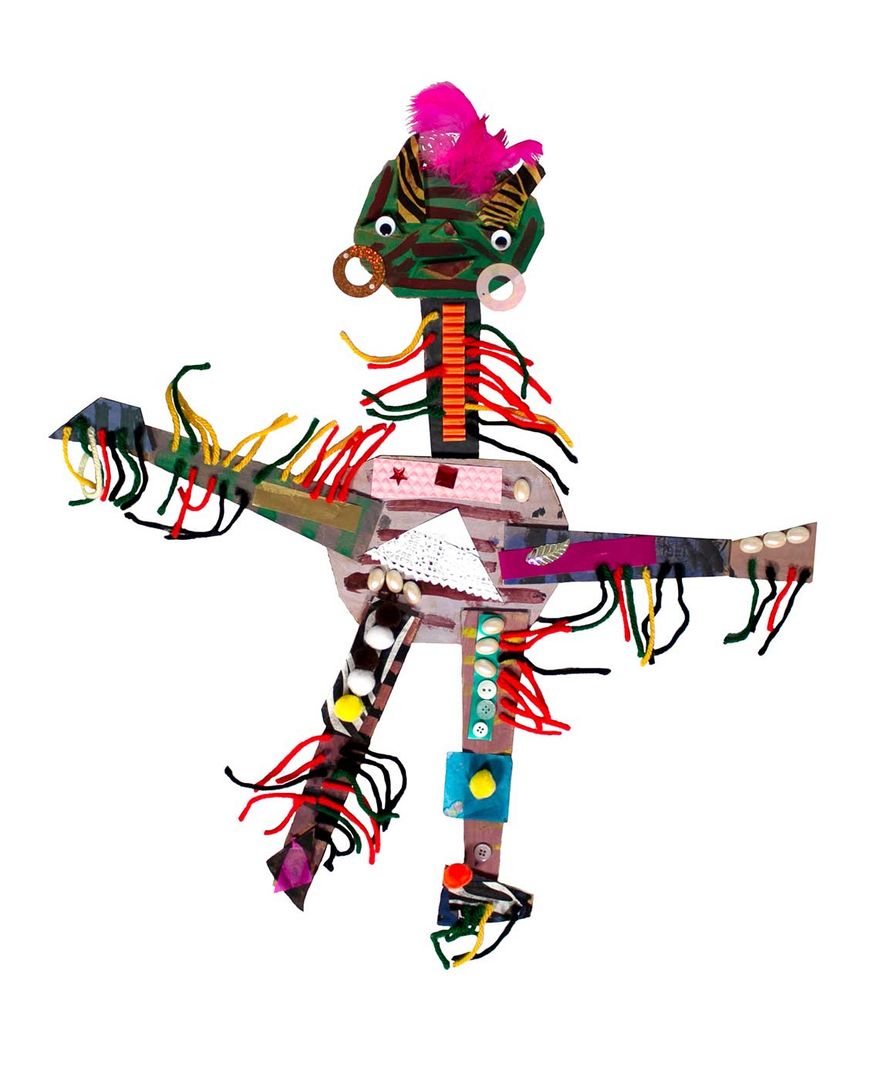 human figure collage made with multicolor threads and beads