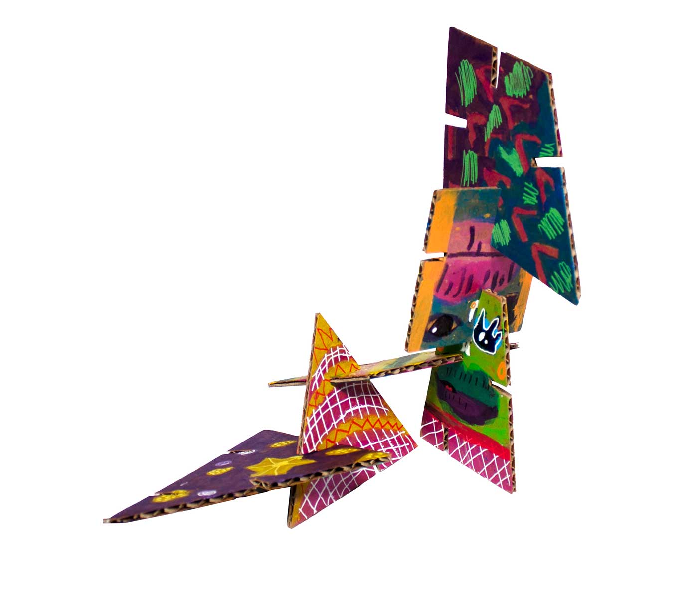 Geometric sculpture made with colorful patterned shapes showcasing stripes and spirals.