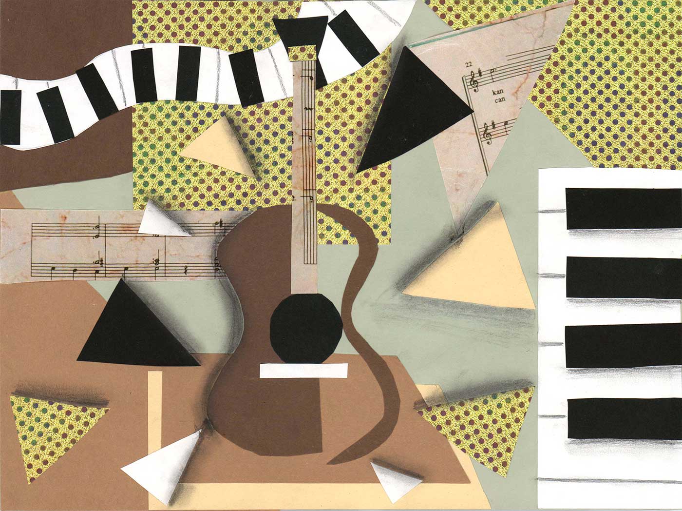 Paper collage of a guitar and a piano keyboard surrounded by a potted pattern and geometric shapes.
