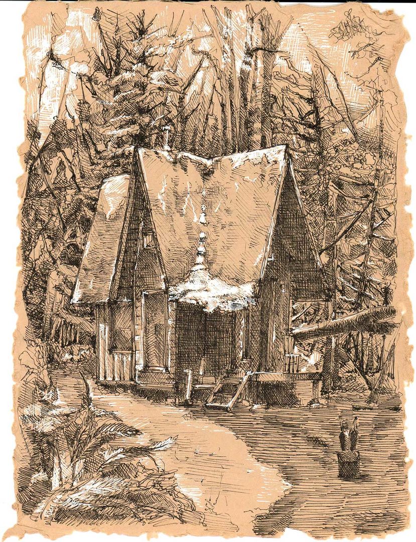 Black and white drawing of a cottage surrounded by trees drawn over a brown piece of paper.