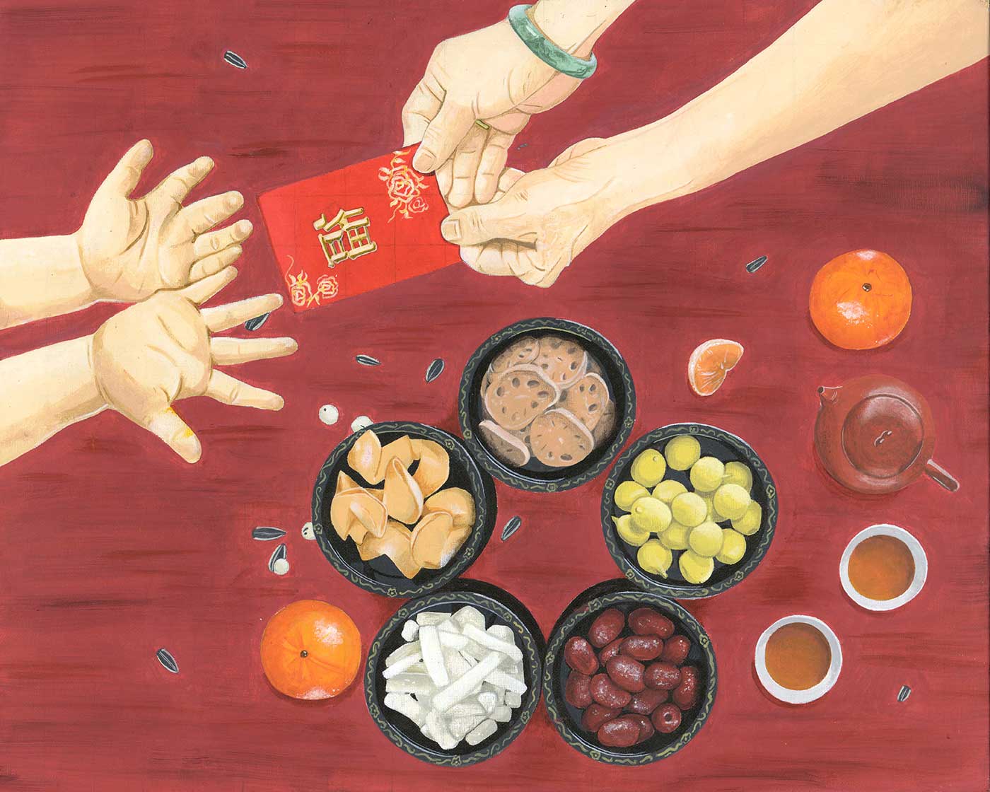 A pair of hands holds a red card with golden mandarin chinese characters, a pair of smaller hands reaches out for the card. The hands are set on top of a red tablecloth and are next to a tea pot and an assortment of small plates with food.