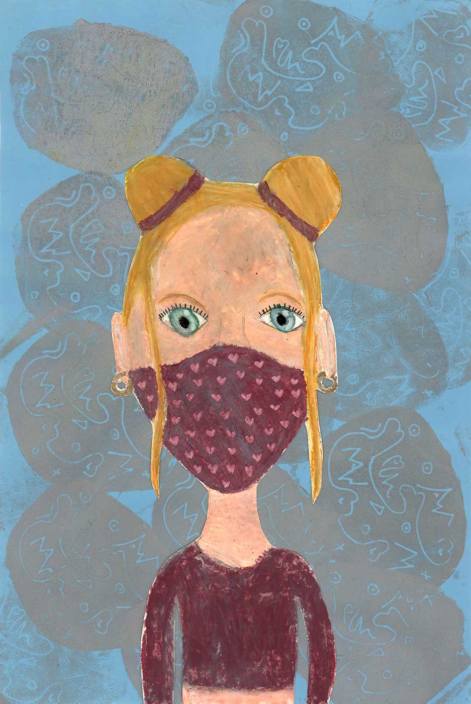 Portrait of a light-skinned blonde tween wearing their hair up in two buns held by burgundy hair ties. The person is wearing a matching mask and top and is presented in front of a blue and silver background.