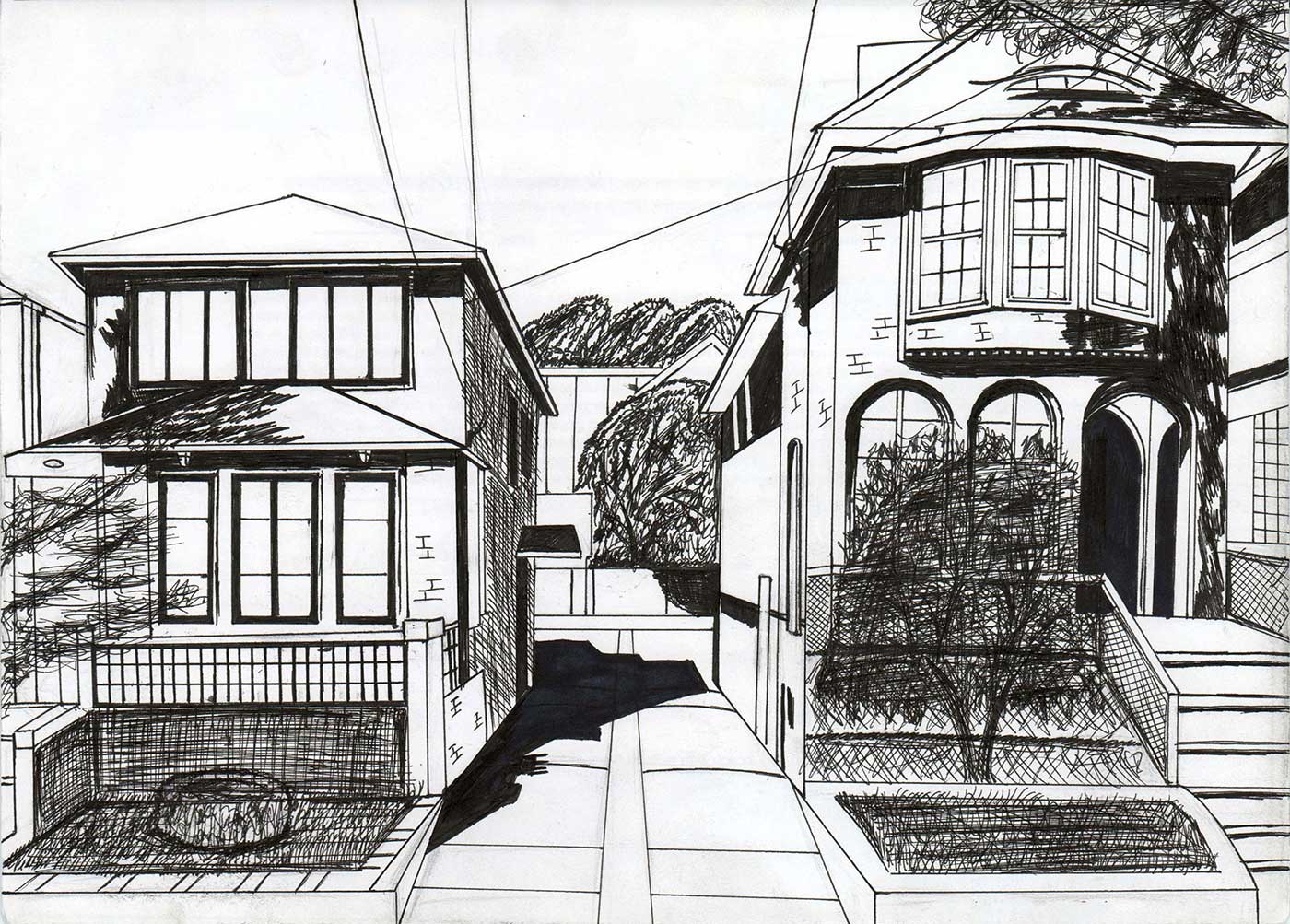 Black and white drawing of the front view of two houses with a drive-through in between.