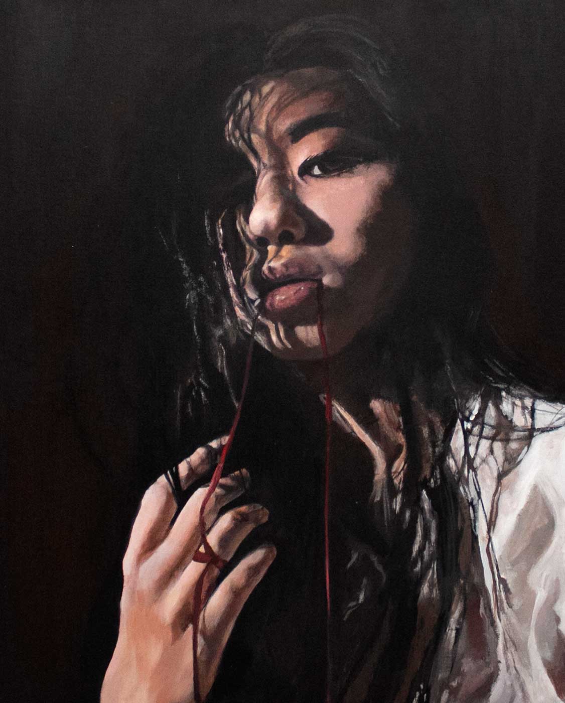 Painting of a medium-light skinned woman with black long hair looking towards the viewer. a red string sits in between her lips and goes down to her hand where it's wrapped around her finger.
