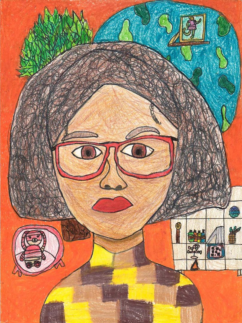 drawing of a child wearing red glasses ans short black hair.