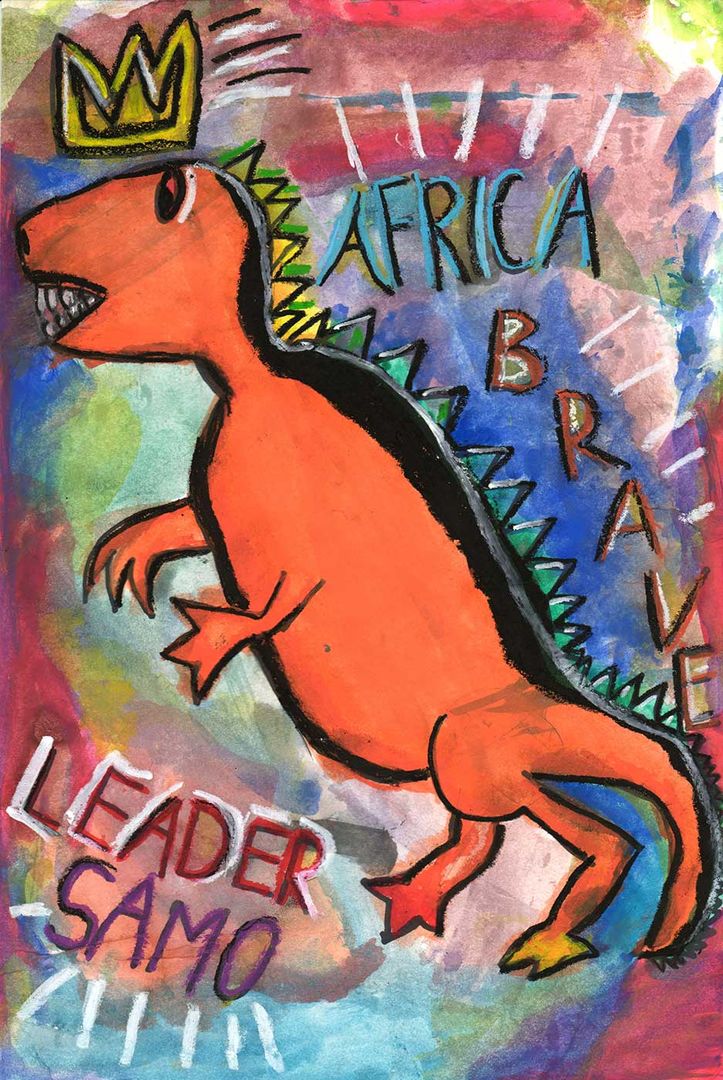 Drawing of an orange dinosaur with a crown and surrounding text blocks that say Leader Samo, Africa, and Brave.