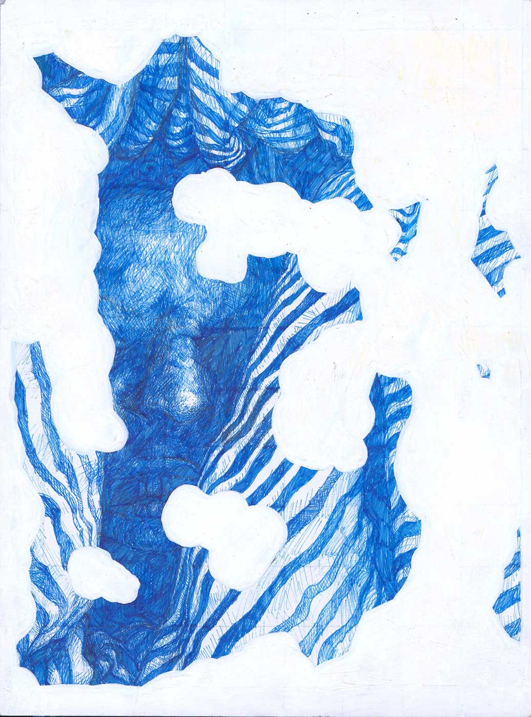 Abstract blue print showcasing lines and facial features on a white backdrop.
