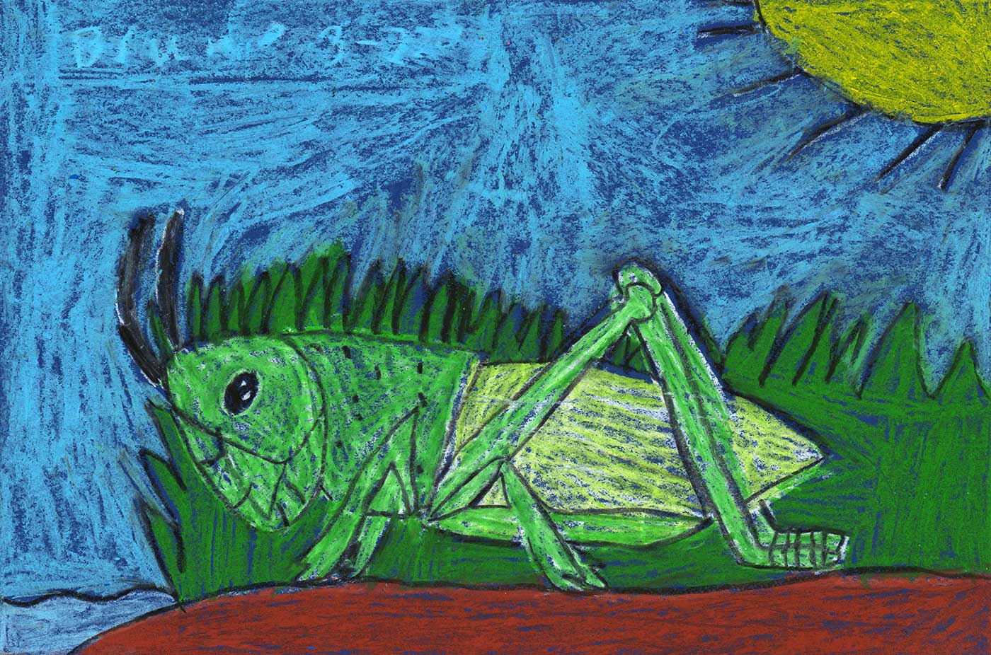 Drawing of a green grasshopper in front of grass, the sun and a blue sky.