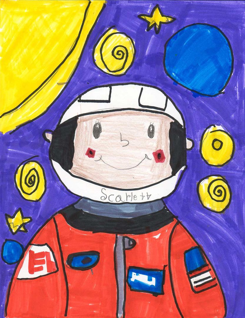 drawing of a child wearing a space suit.