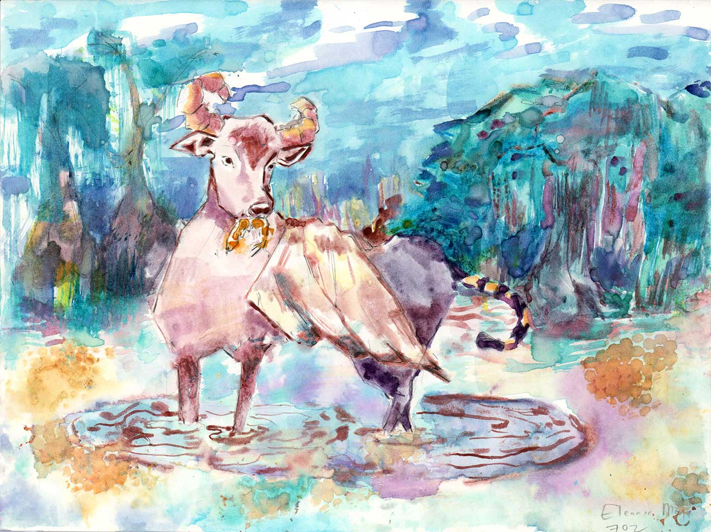watercolor drawing of a bull-looking creature in a landscape environment.
