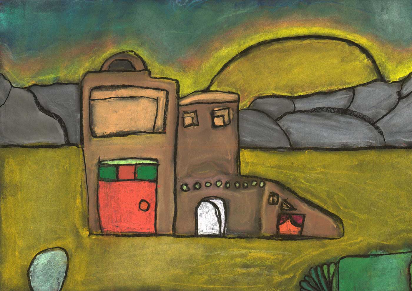 Chalk drawing of an adobe house in front of a landscape.