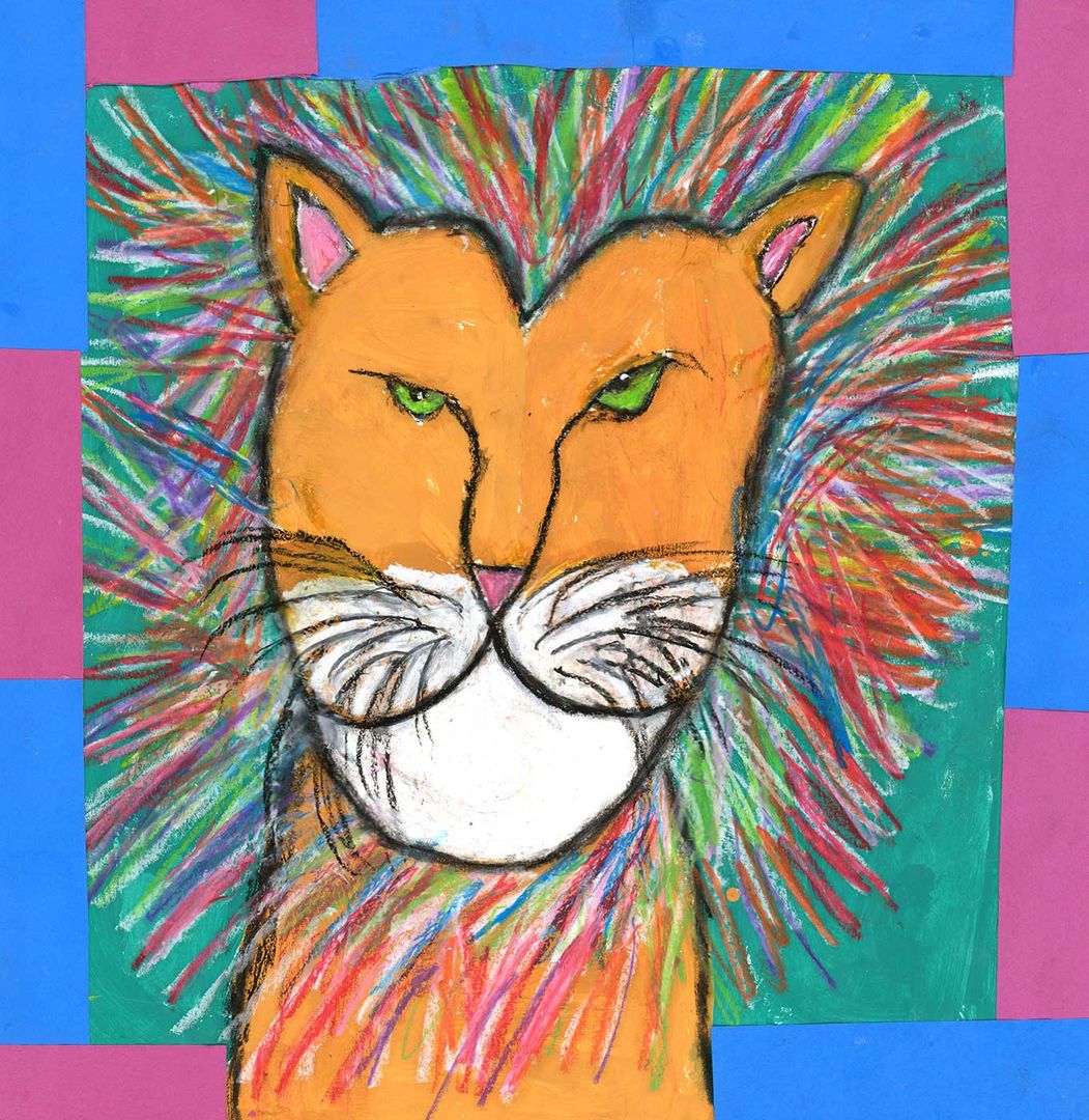 drawing of a lion with a colorful mane.