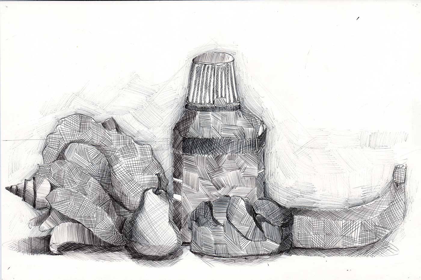 still life drawing of a bottle and fruit.