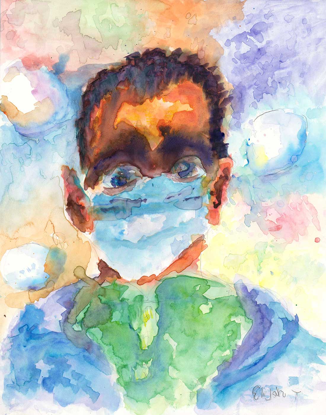 watercolor drawing of a person wearing a mask.