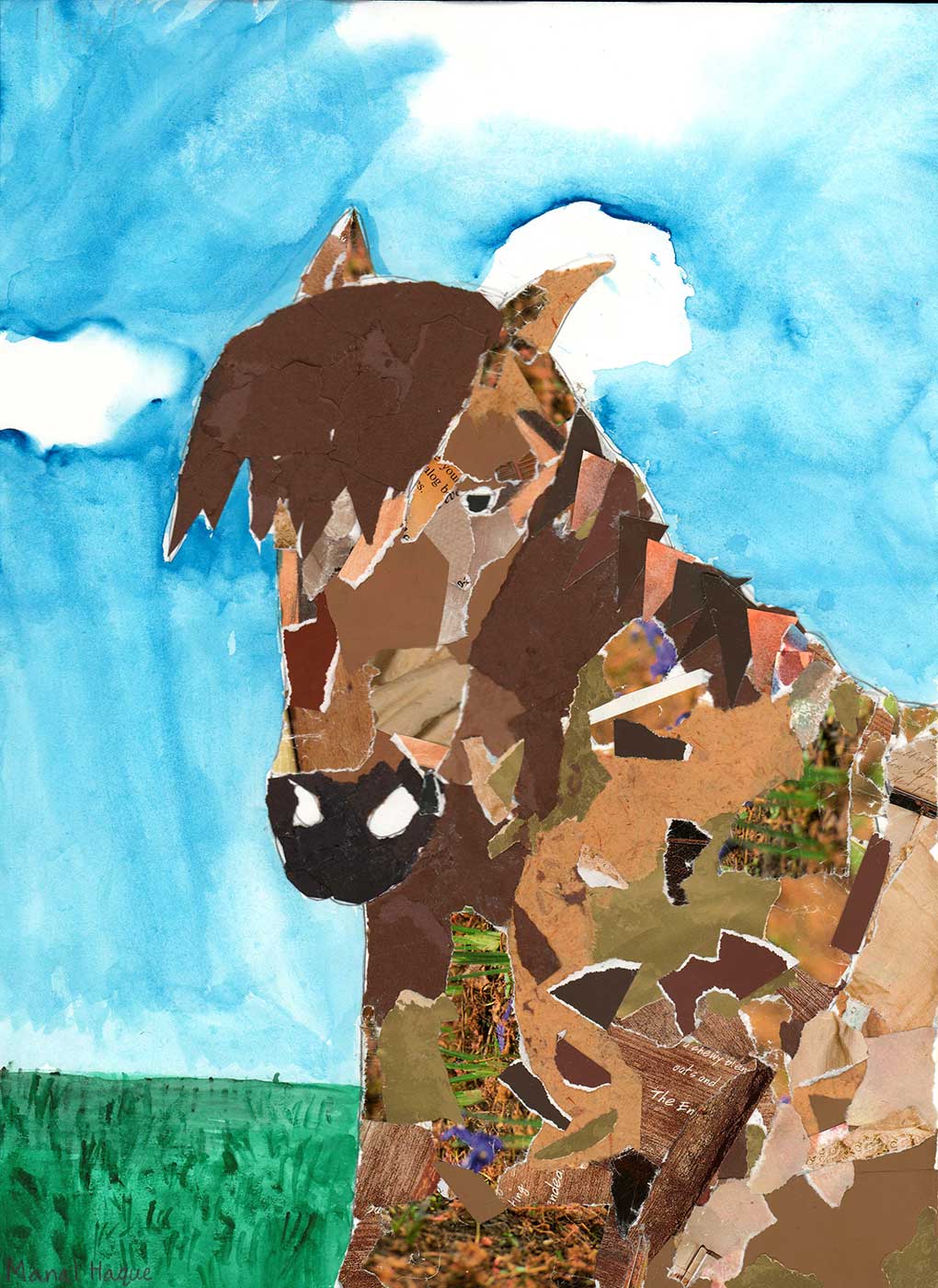 collage of a horse in front of grass and the sky.