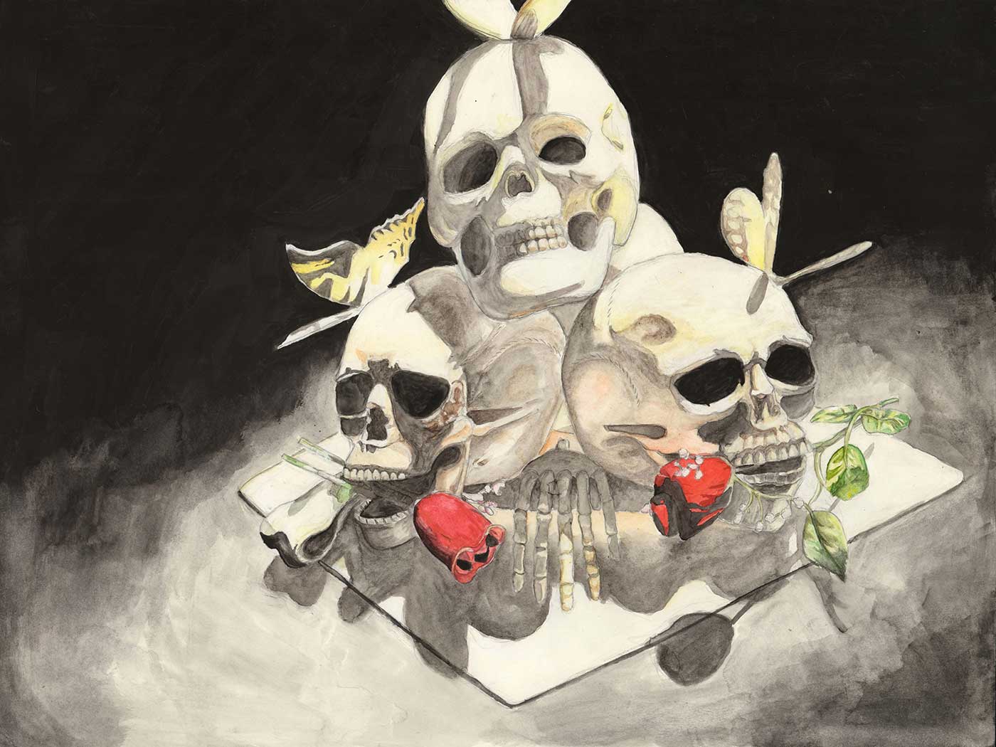 drawing of three skulls.