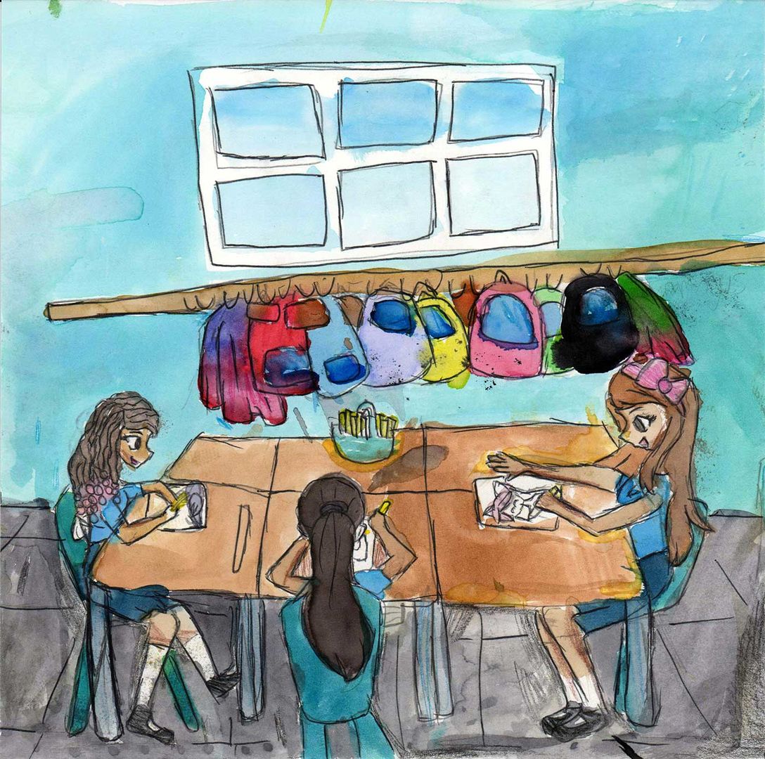 drawing of three girls sitting in a classroom.