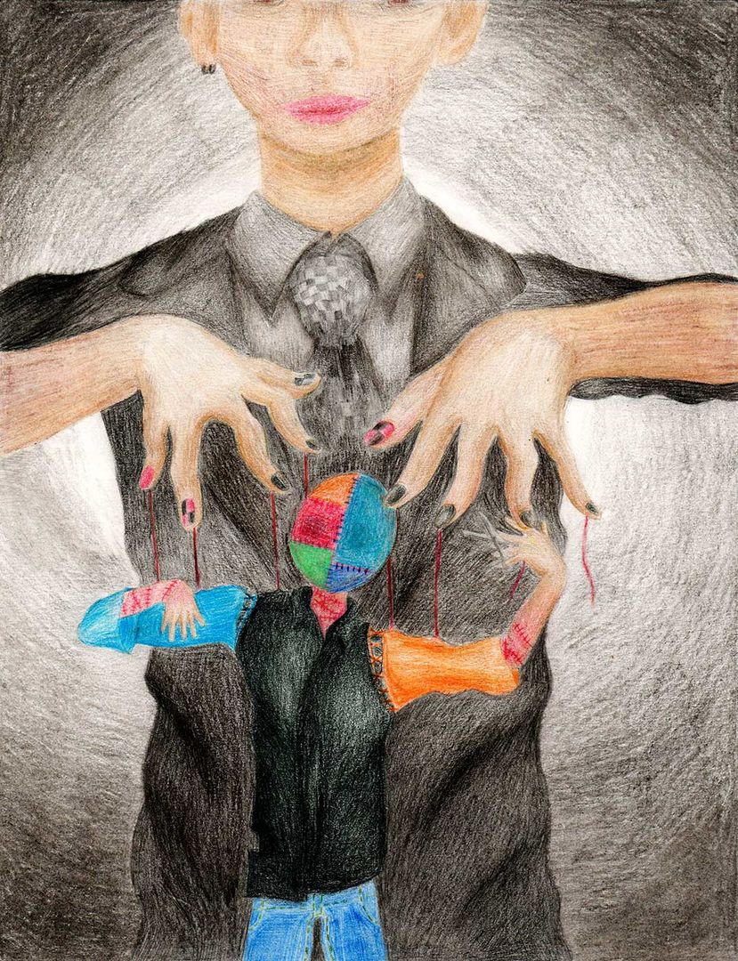 colored pencil drawing of a person handling a marionette.