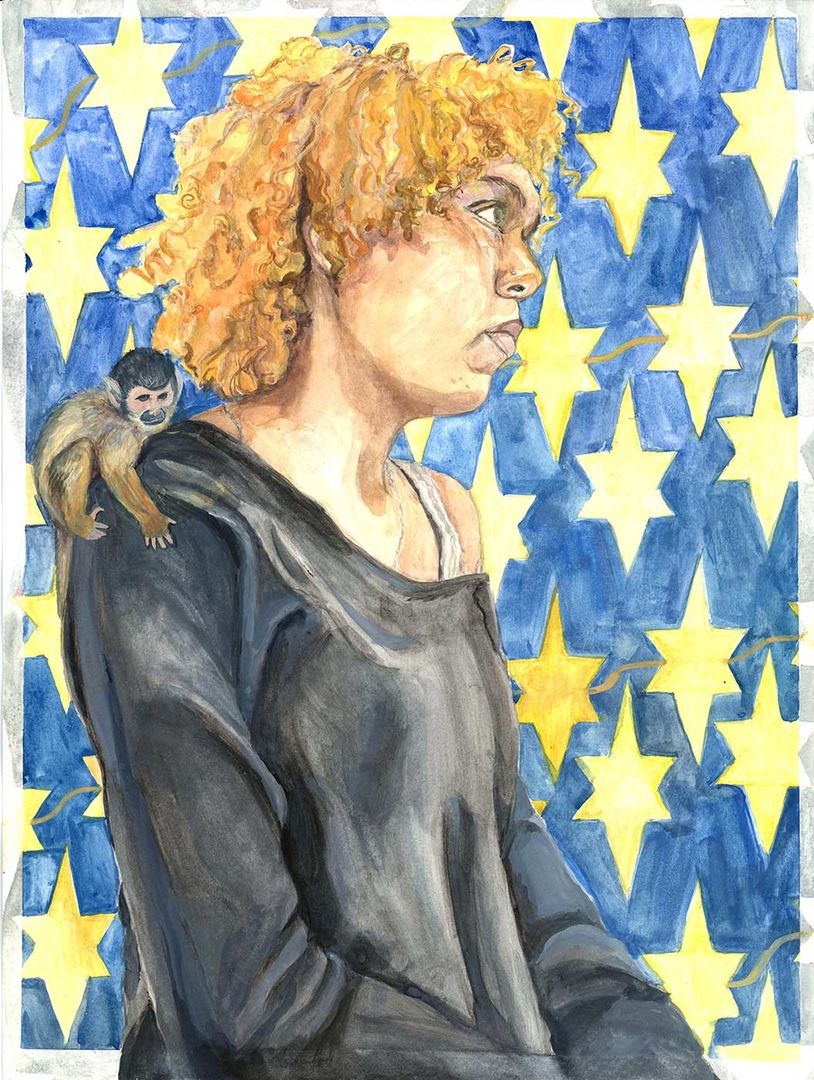 Watercolor portrait of a person sitting down with a squirrel monkey on their shoulder against a blue backdrop with yellow stars.