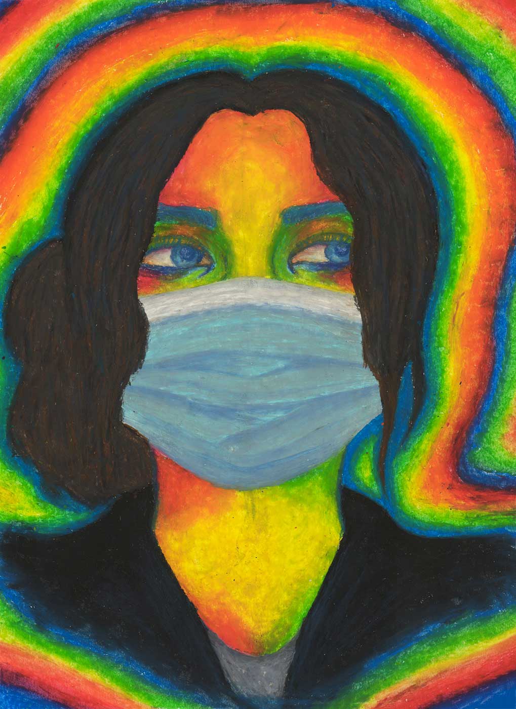 colorful drawing of a person wearing a mask looking towards their side.