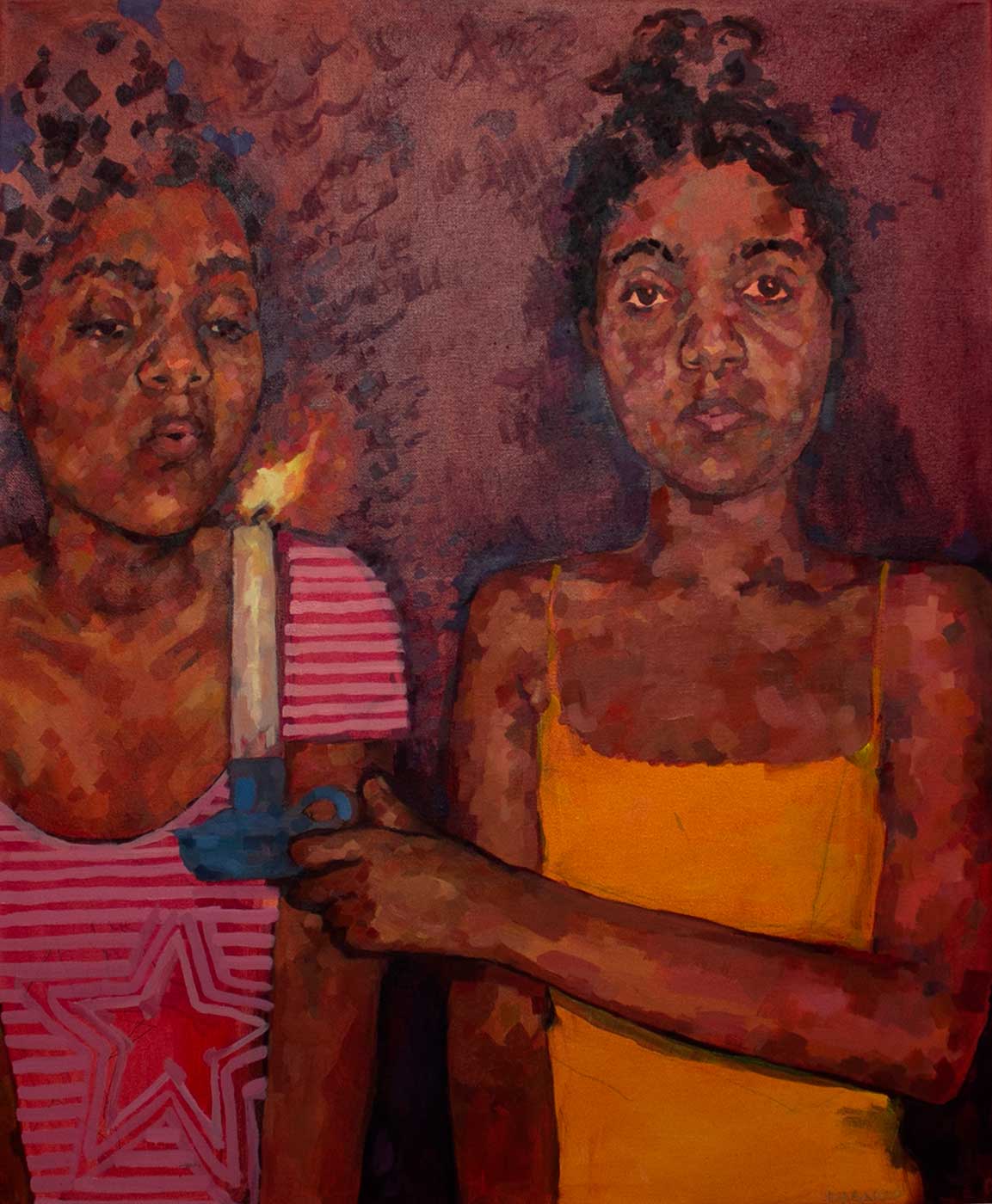 painting of a girl holding a candle in front of another girl.