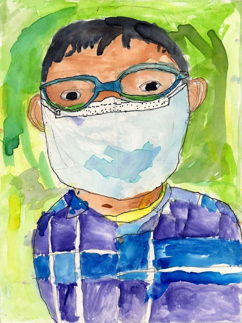 drawing of a boy wearing glasses and a white face mask.