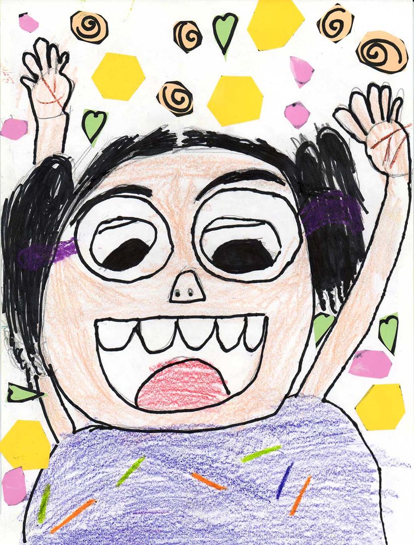 drawing of a happy girl throwing her arms up in the air.