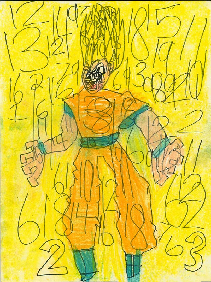 drawing of an angry fighter surrounded by numbers.