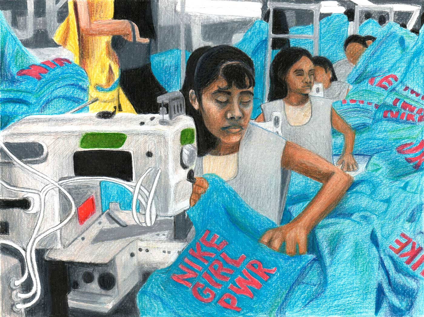 colored pencil drawing of girls sewing female empowerment garments in a sweatshop.