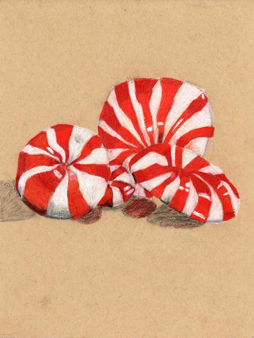colored pencil drawing of white and red striped candy.