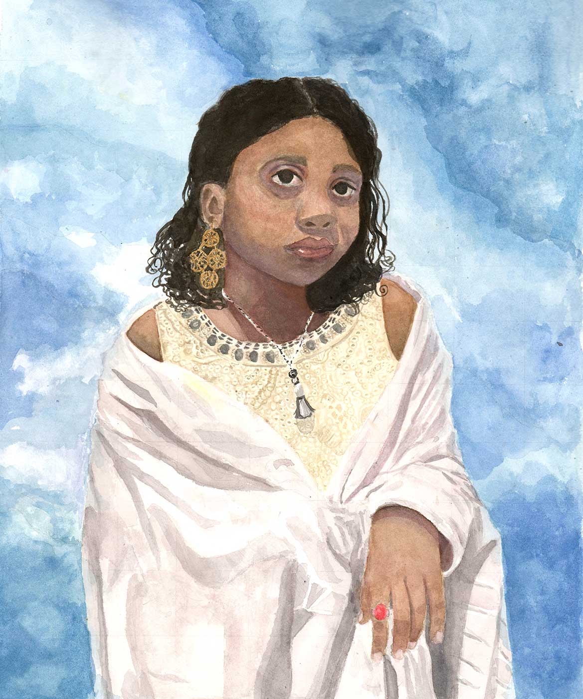 watercolor painting of young girl wearing a white shawl.