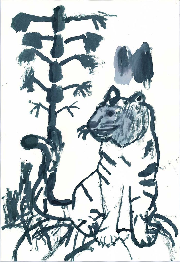 drawing of a sitting tiger in front of a landscape.