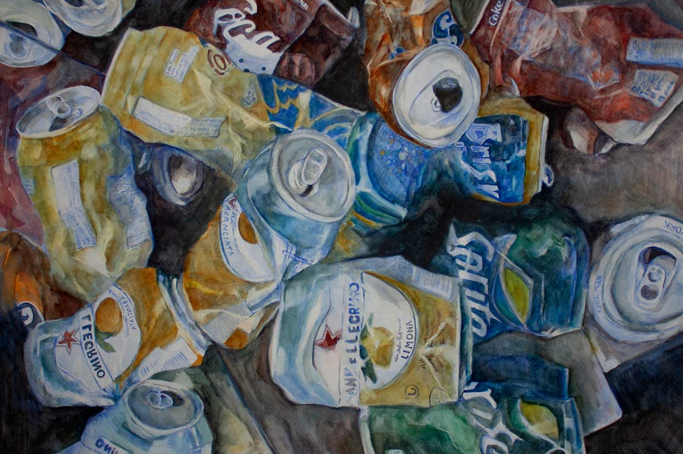 watercolor painting of crushed cans.