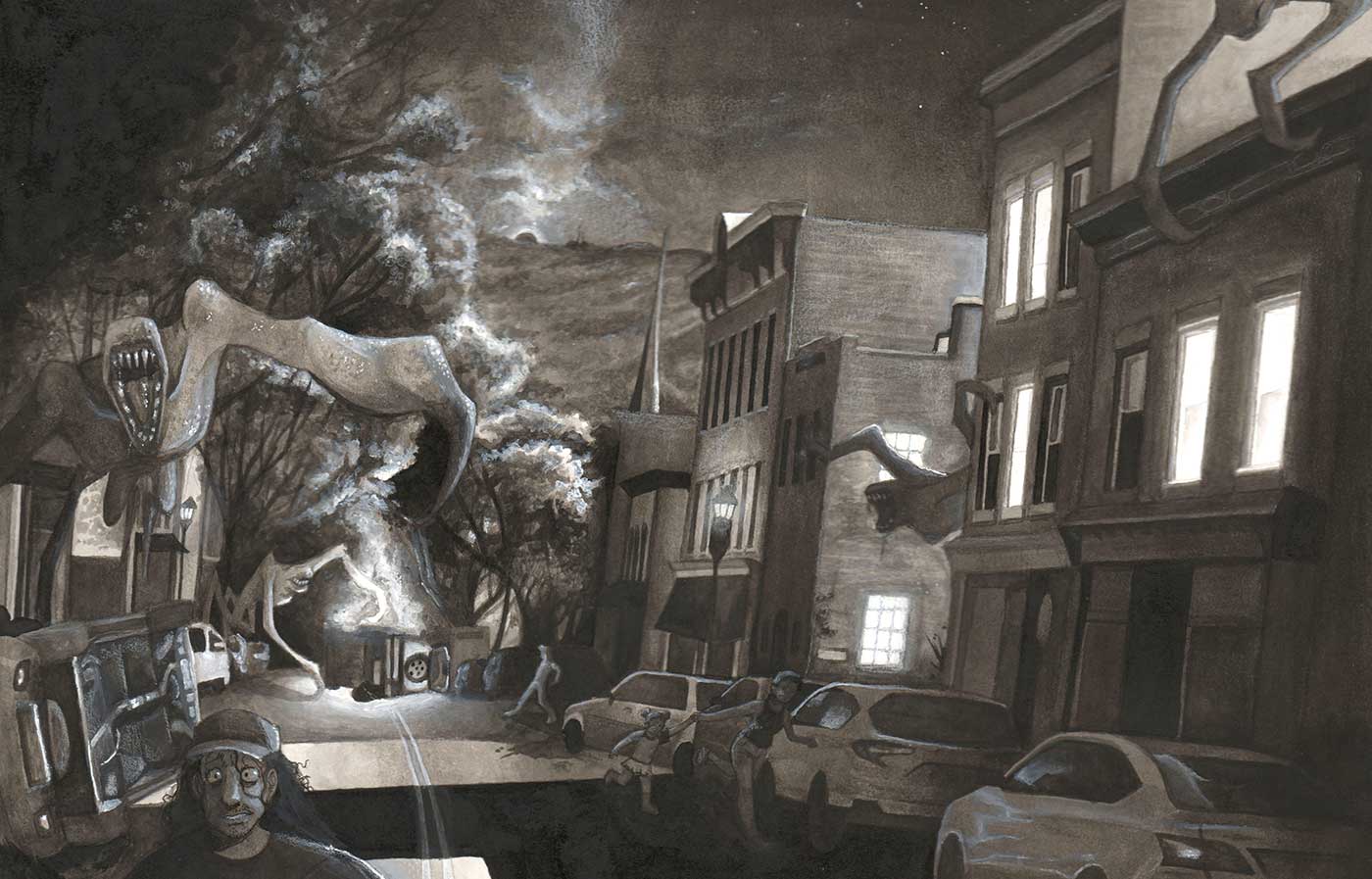 drawing of a city being attacked by creatures.