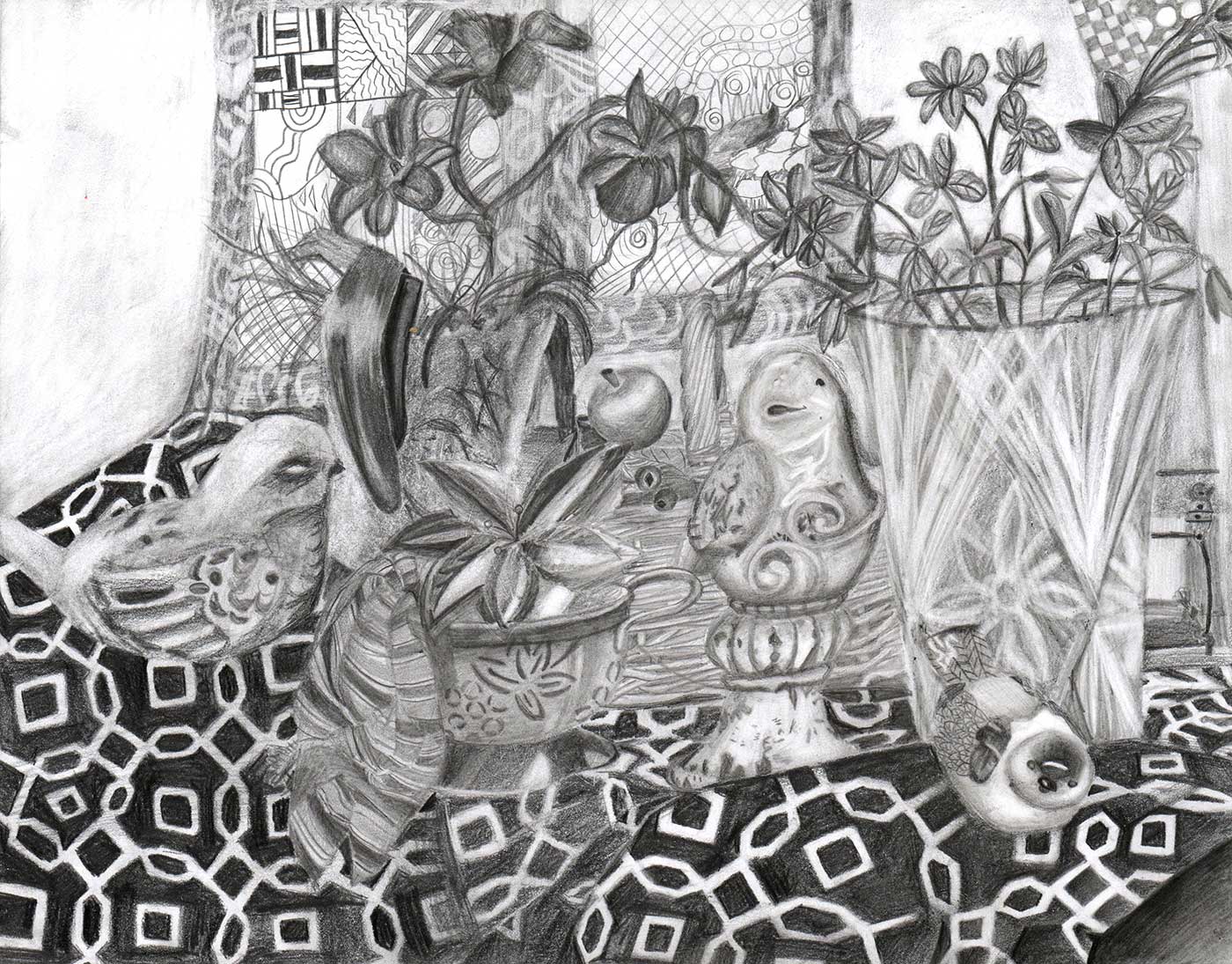 pencil drawing of plants, a bird, and small items over a patterned cloth.