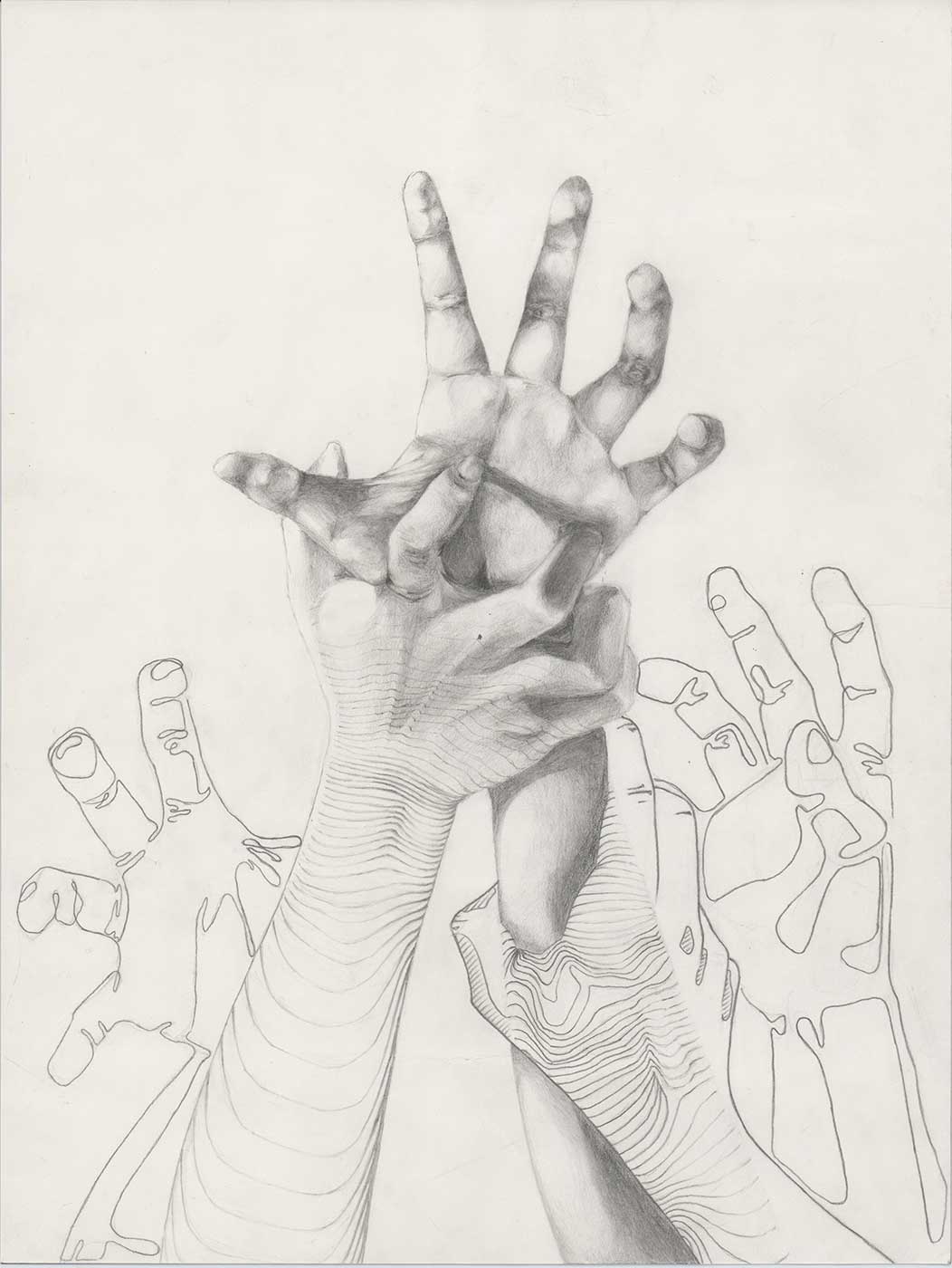 pencil drawing of a hand reaching up and others holding it down.