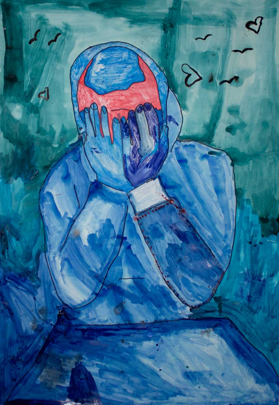 drawing of person covering her face with their hands.