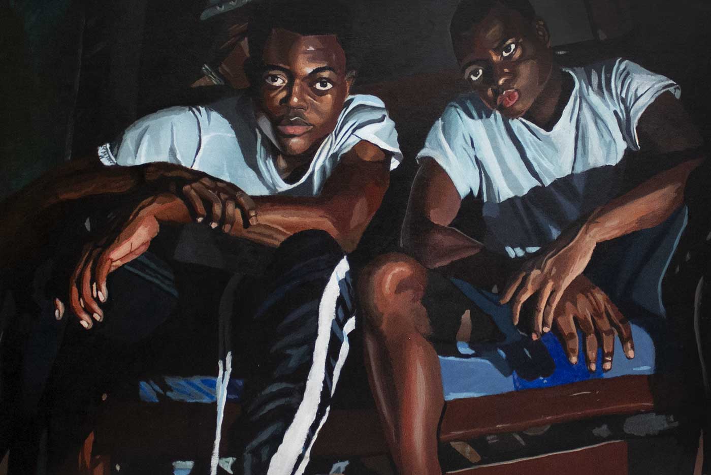 painting of two young men sitting down looking straight towards the viewer.