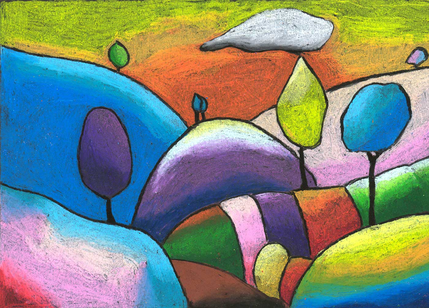 drawing of a colorful rolling hill landscape.