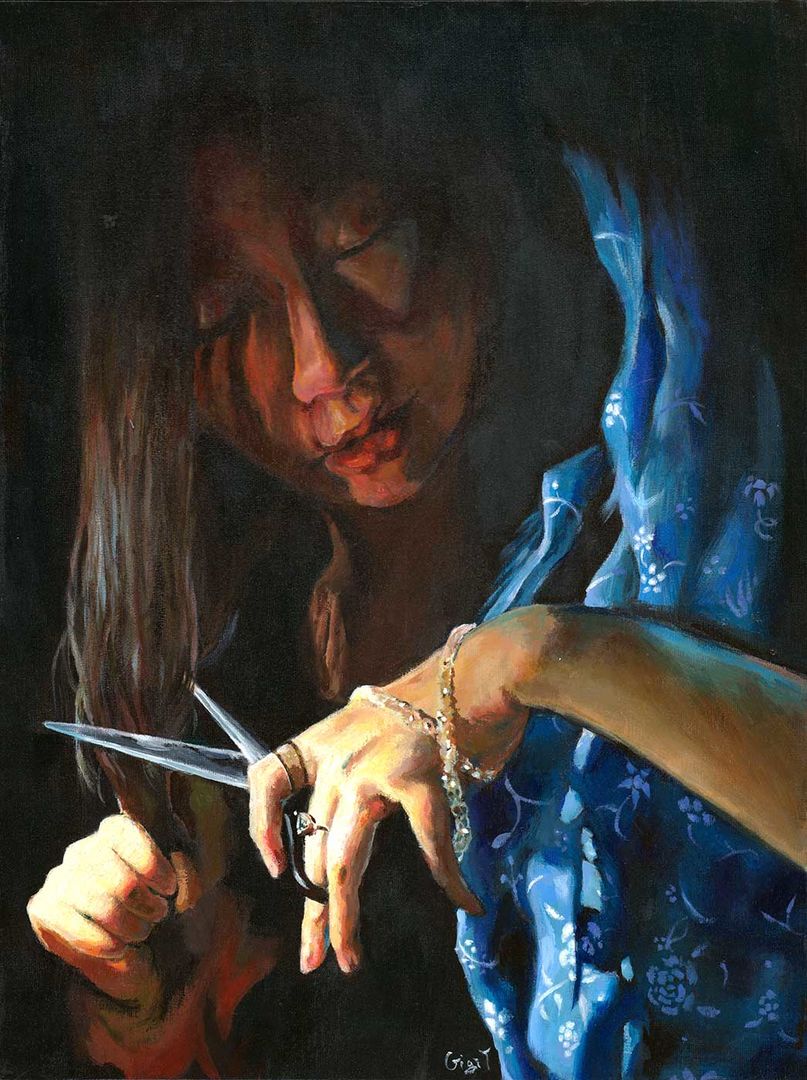 painting of a person about to cut her own hair with scissors.