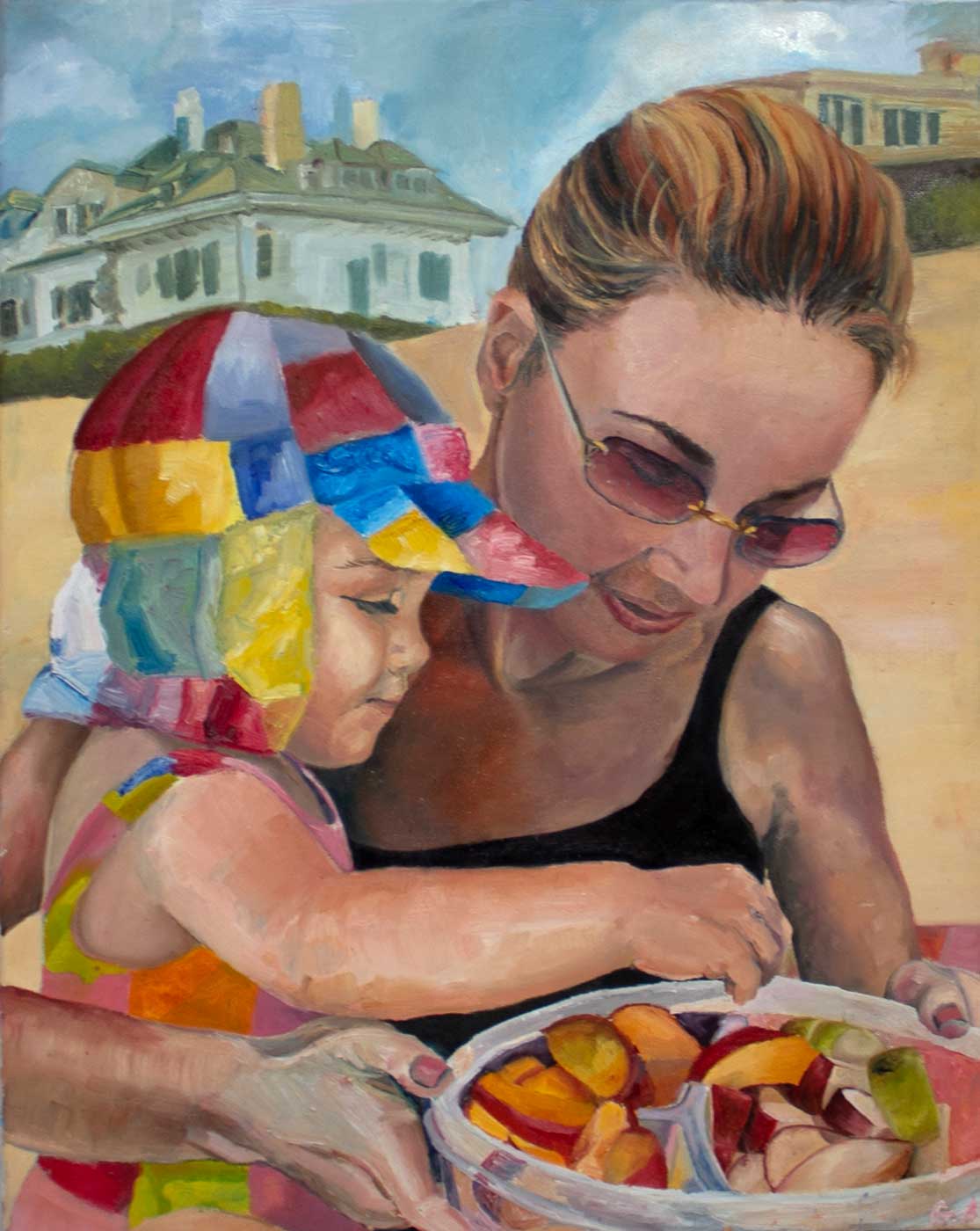 painting of a woman holding a plate and a child grabbing a slice of fruit.