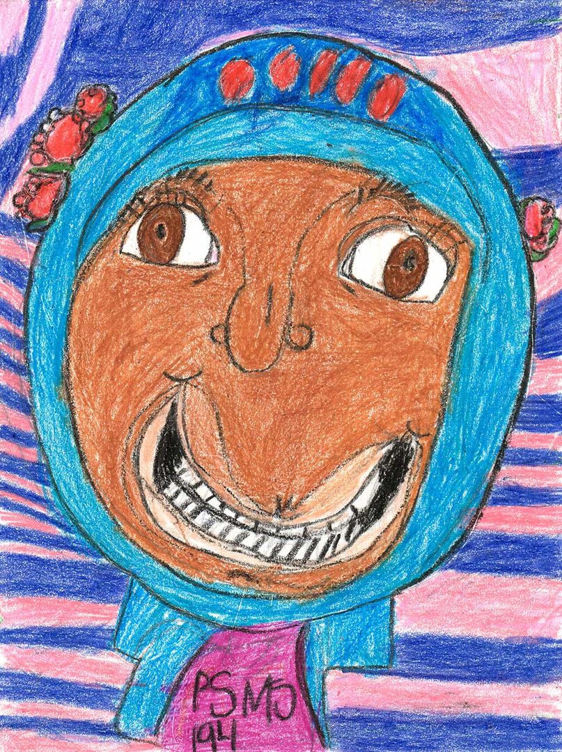drawing of a smiling person wearing a hijab under a purple and pink sky.